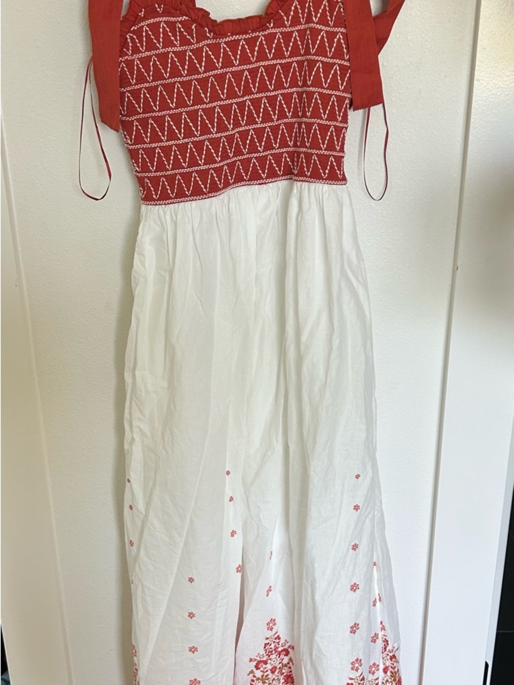 Francesca's Red Smocked Bodice Ivory Skirt Dress